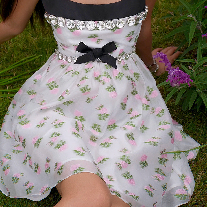 Three-dimensional oversized rhinestones print bow high waist dress- Tore