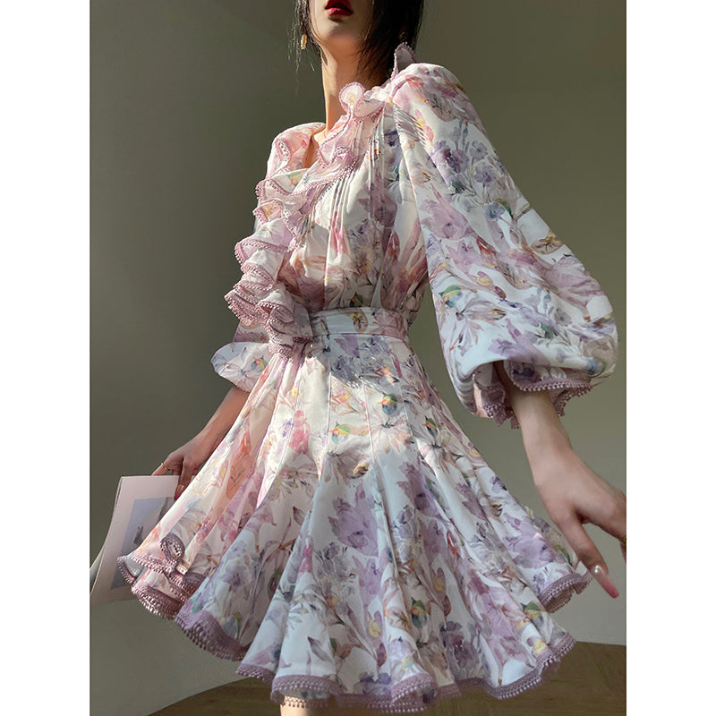 Aconiconi| High end designer printed top shirt + A-line skirt suit - Hyacinth
