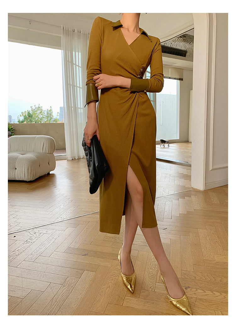 WANXO green v-neck shirt dress new waist and thin knitted slit bottoming skirt- Bella