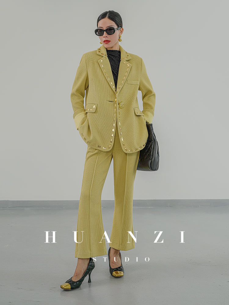 Huanzi new handmade micro-wide suit jacket with back slit straight-leg micro-launched trousers suit set- Emera
