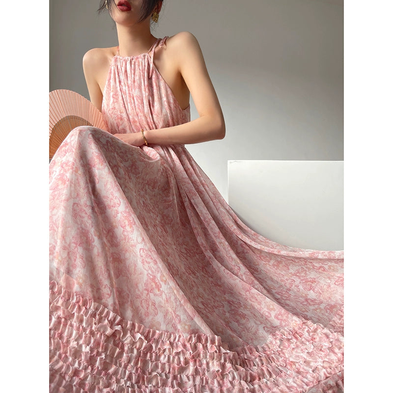 Aconiconi| halter-neck summer broken flowers vacation holiday style fairy dress - cherry blossom