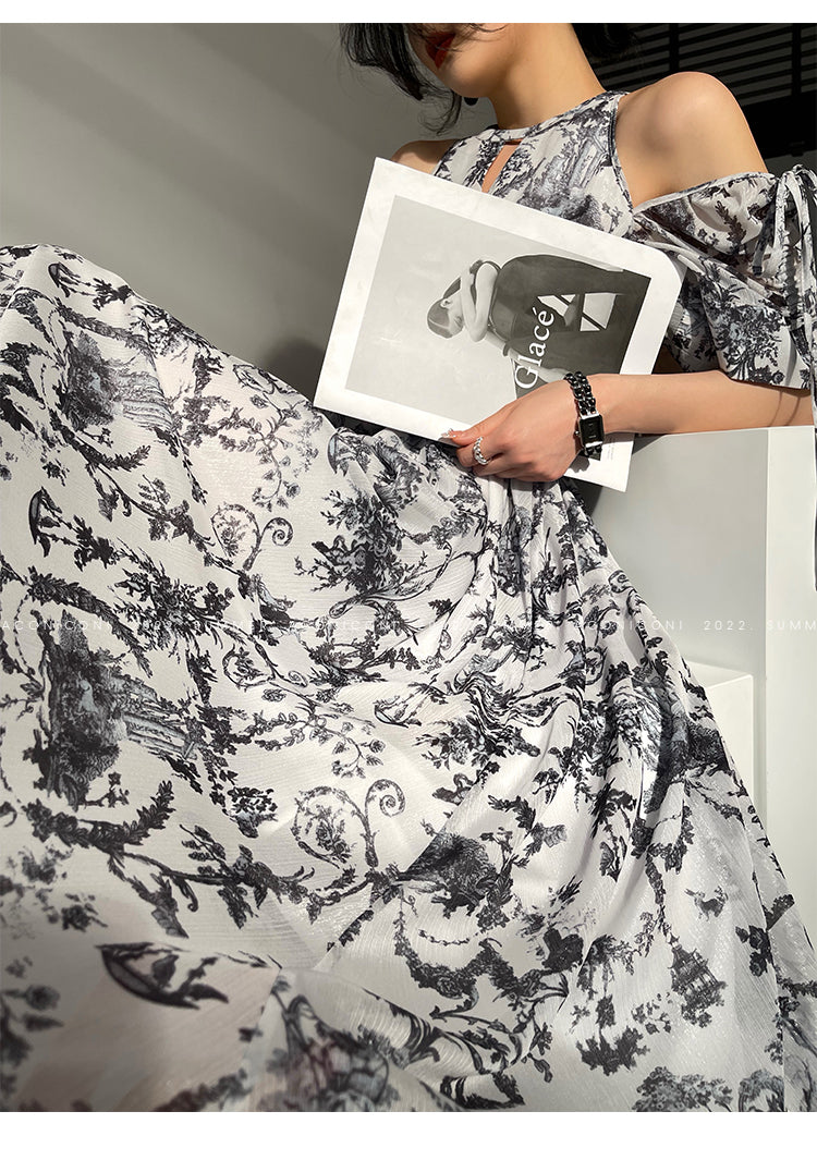Aconiconi|Calligraphy Art Print Halter Neck Off Shoulder Long Dress - Anne Love