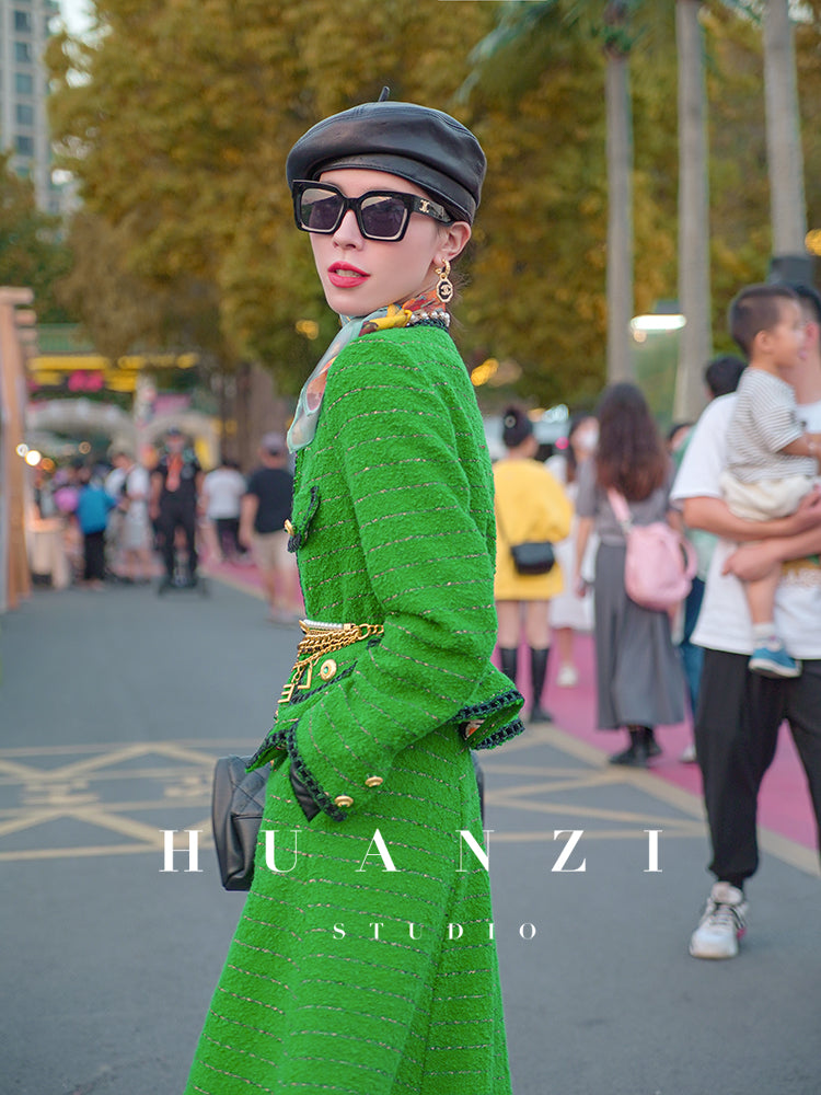 Huanzi tweed wool small suit autumn and winter new green short coat suit set- Lilibeth