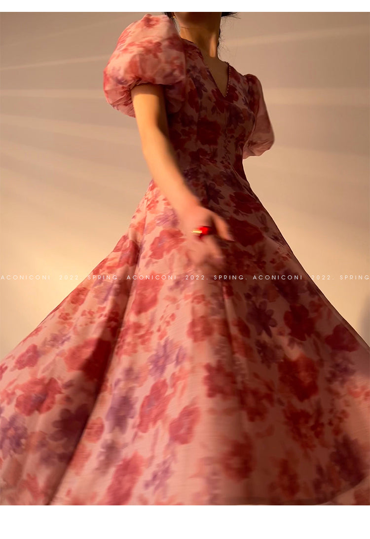Aconiconi|Romantic French print luxury handmade haute couture beaded v-neck midi dress - Pilore