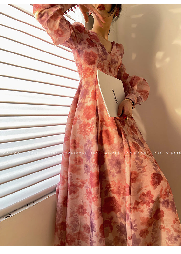 Aconiconi|Romantic French print luxury handmade haute couture beaded v-neck midi dress - Pilore