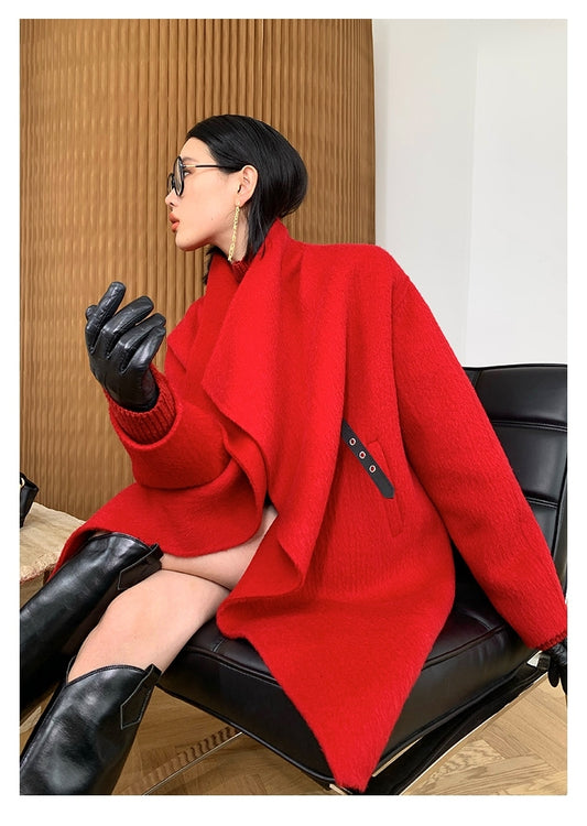 WANXO female double-sided Alpaca long-haired large lapel woolen mid-length coat - Lara