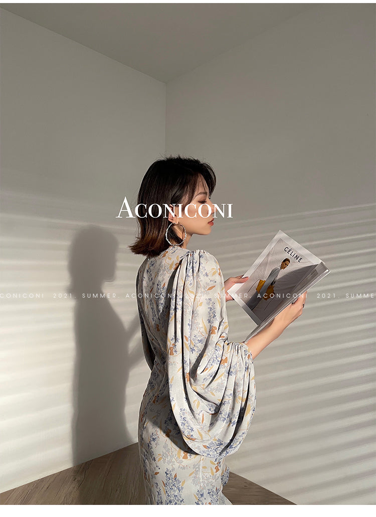 Aconiconi|high-end French tea floral printed elegant lantern sleeve midi dress - Nila