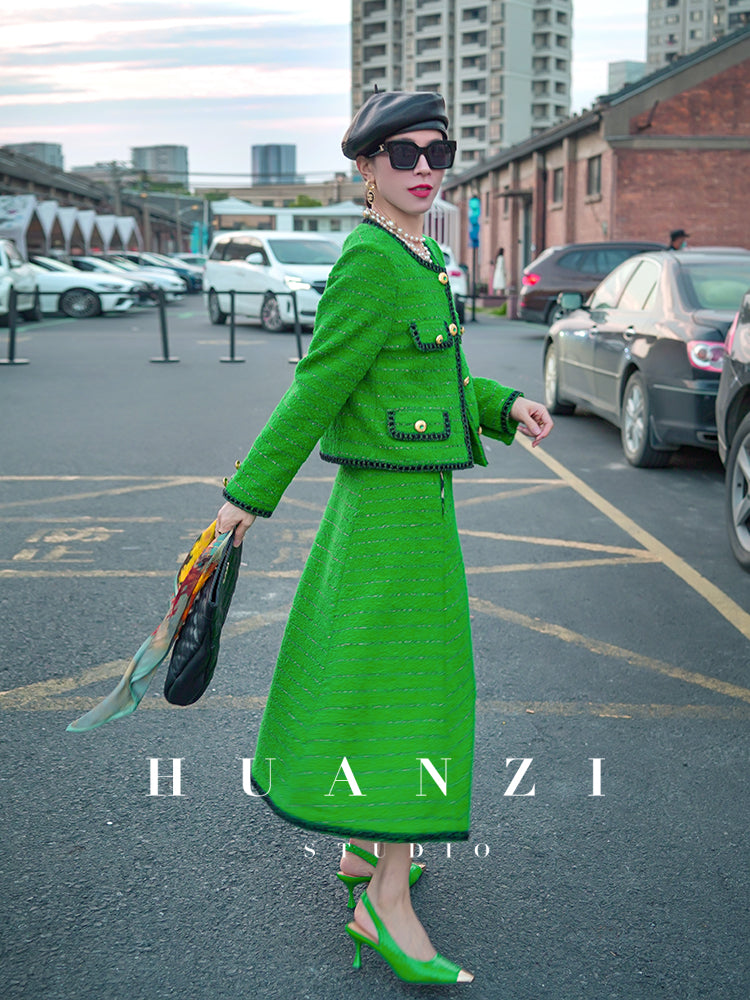 Huanzi tweed wool small suit autumn and winter new green short coat suit set- Lilibeth