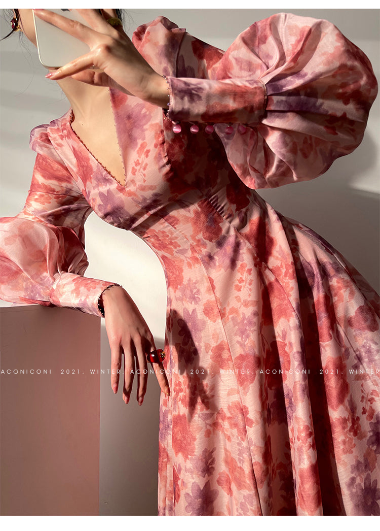 Aconiconi|Romantic French print luxury handmade haute couture beaded v-neck midi dress - Pilore