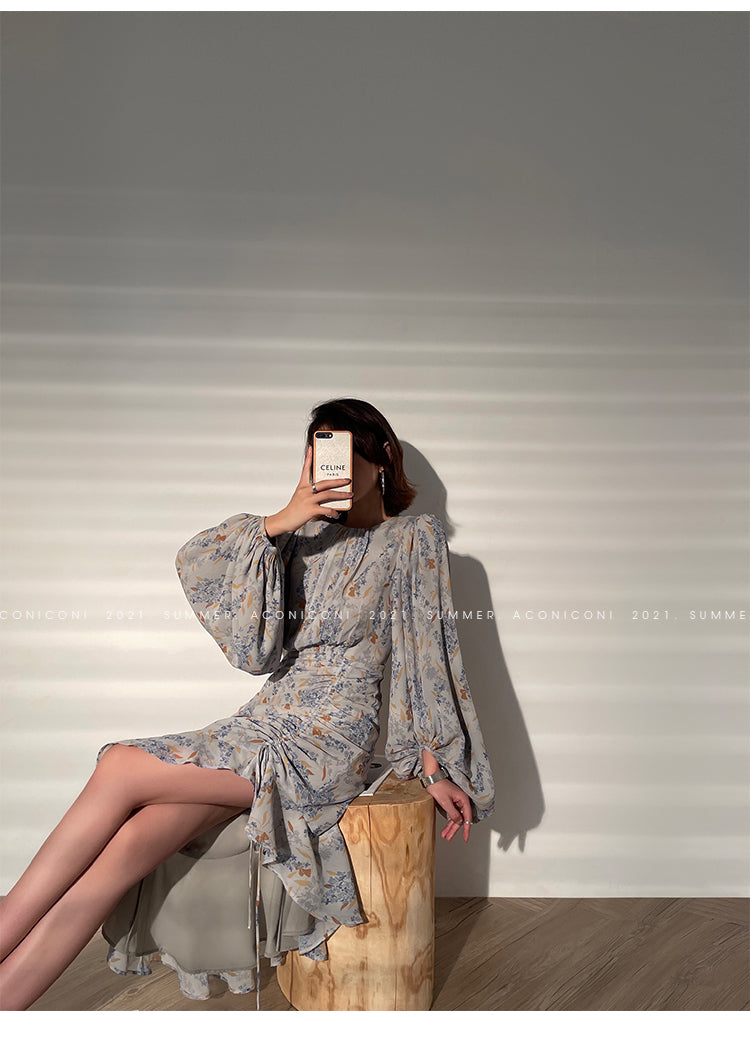 Aconiconi|high-end French tea floral printed elegant lantern sleeve midi dress - Nila