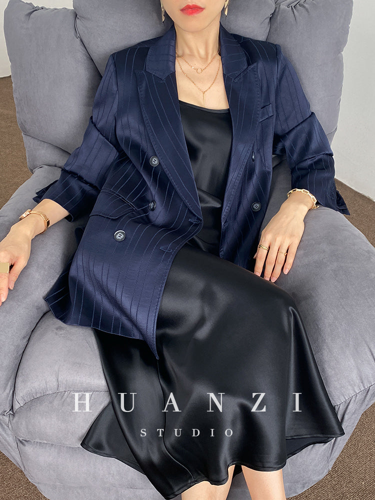 Huanzi high end tri-acetic satin drape high-end suit white silk blazer suit -Bioba