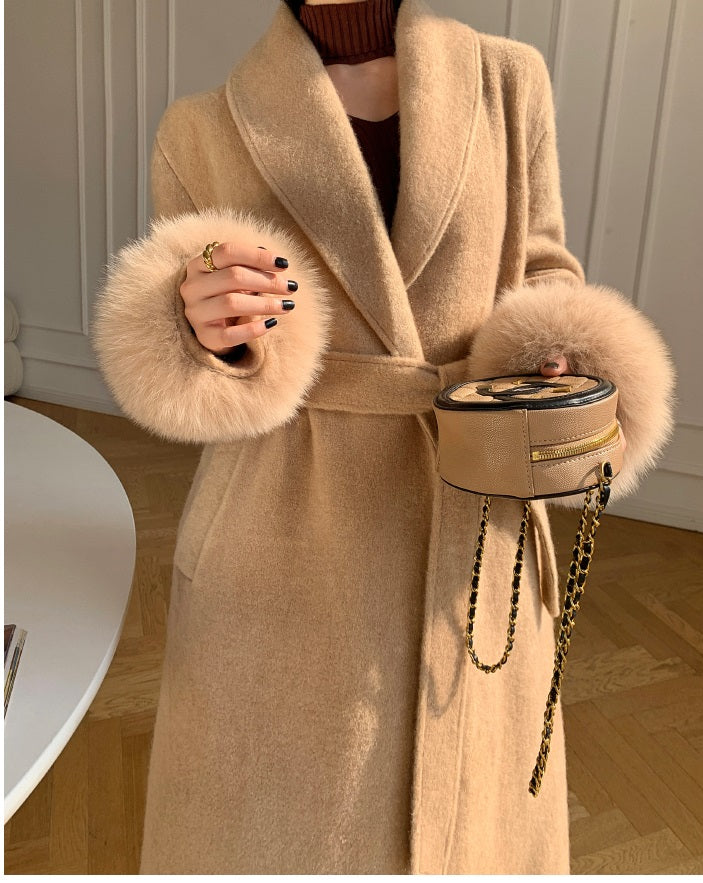 Beige WANXO vegann fur waist tie woolen coat new fashion medium and long woolen coat- Katy