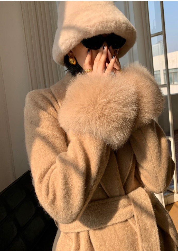 Beige WANXO vegann fur waist tie woolen coat new fashion medium and long woolen coat- Katy
