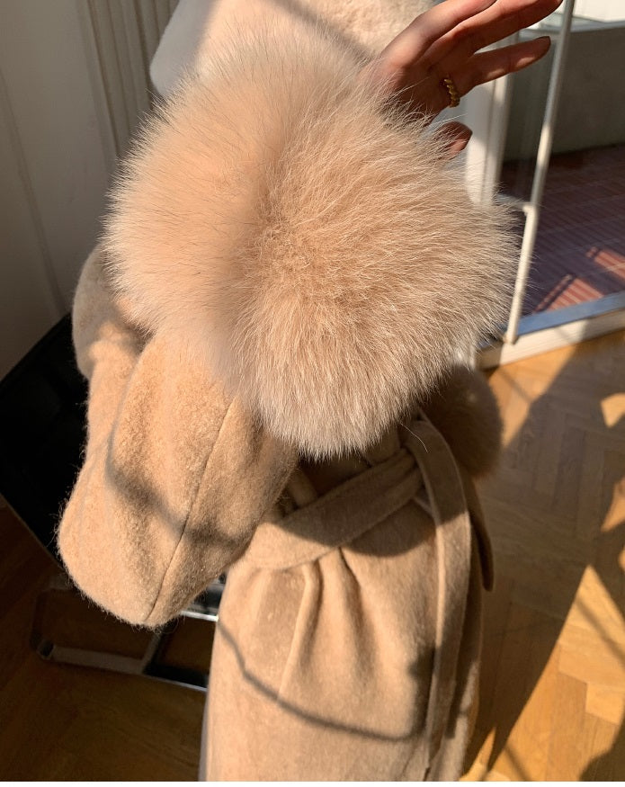 Beige WANXO vegann fur waist tie woolen coat new fashion medium and long woolen coat- Katy