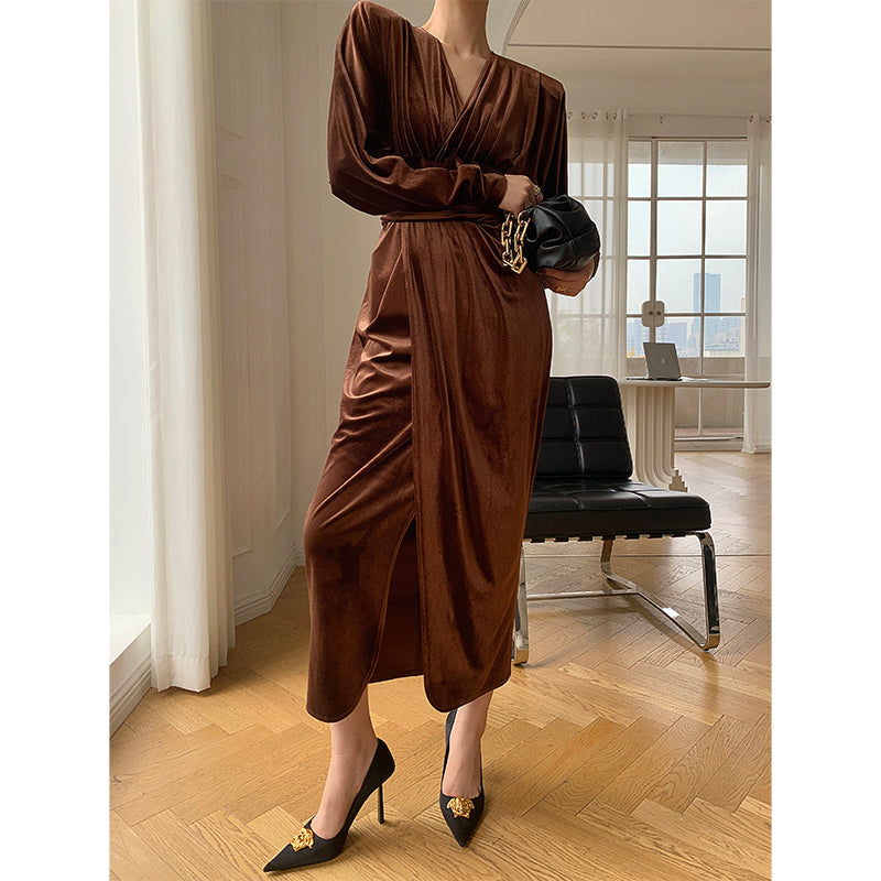 Brown WANXO French red pleated velvet dress new gold-like waist bottoming skirt- Winny