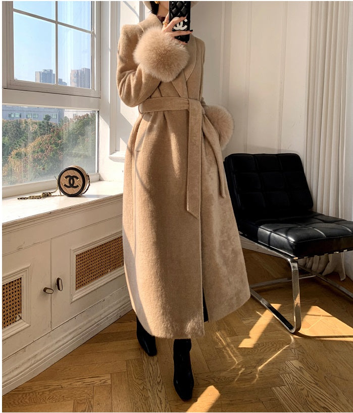 Beige WANXO vegann fur waist tie woolen coat new fashion medium and long woolen coat- Katy