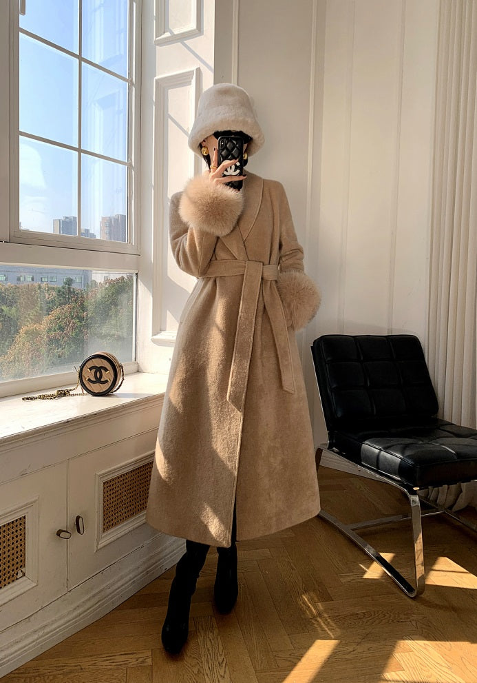 Beige WANXO vegann fur waist tie woolen coat new fashion medium and long woolen coat- Katy