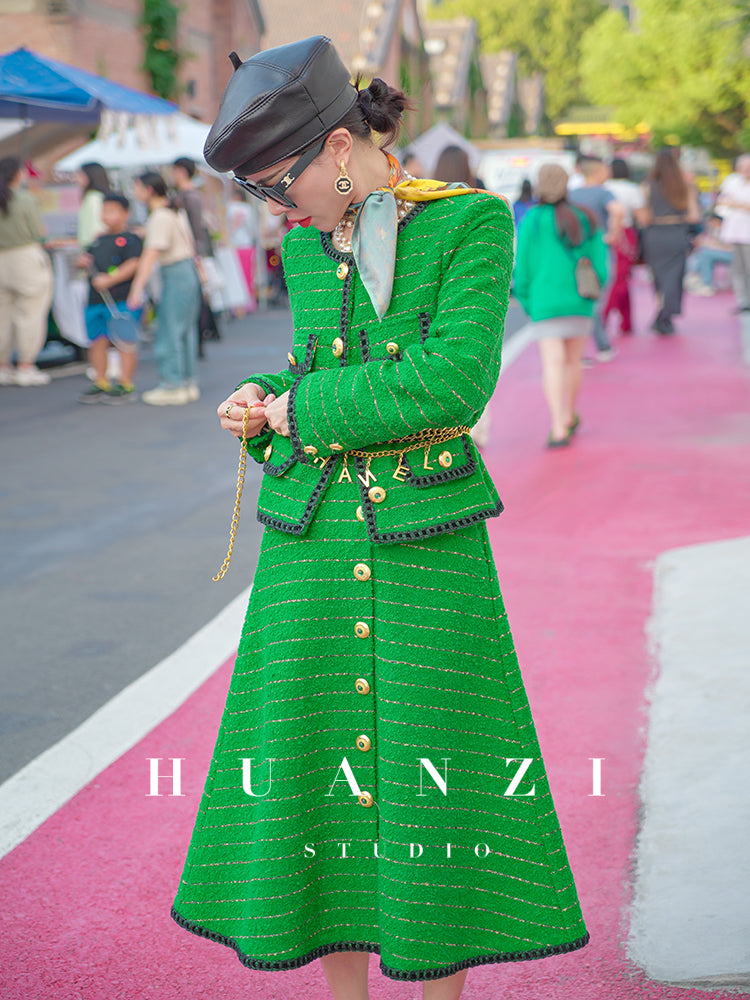 Huanzi tweed wool small suit autumn and winter new green short coat suit set- Lilibeth