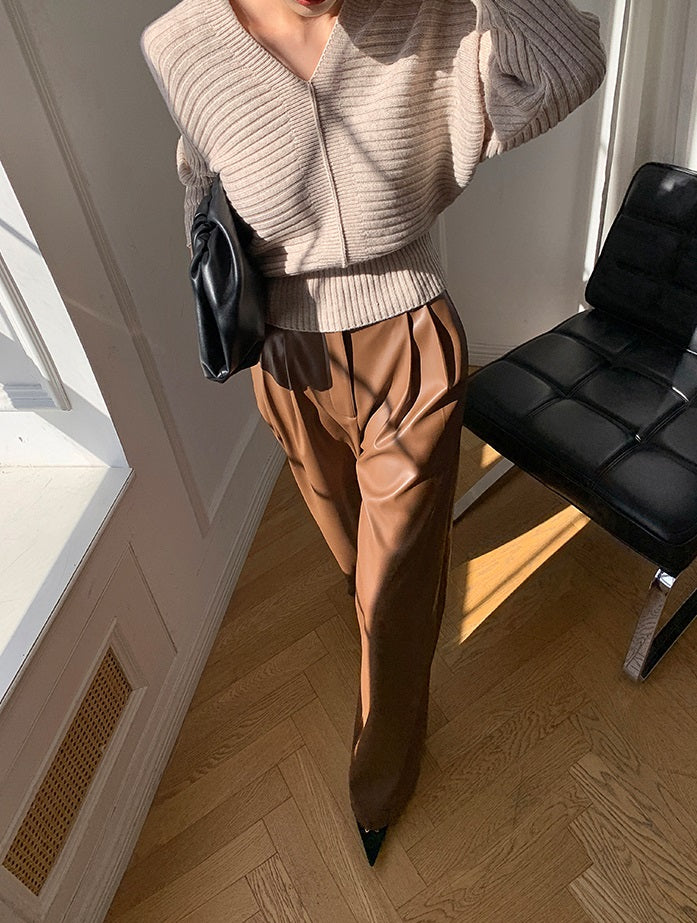 WANXO red retro vegan leather pants new high waist wide leg pants casual straight mopping trousers- Liliana