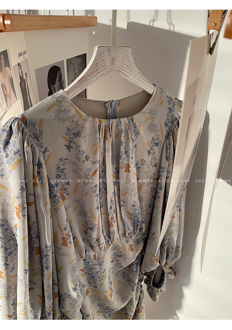 Aconiconi|high-end French tea floral printed elegant lantern sleeve midi dress - Nila