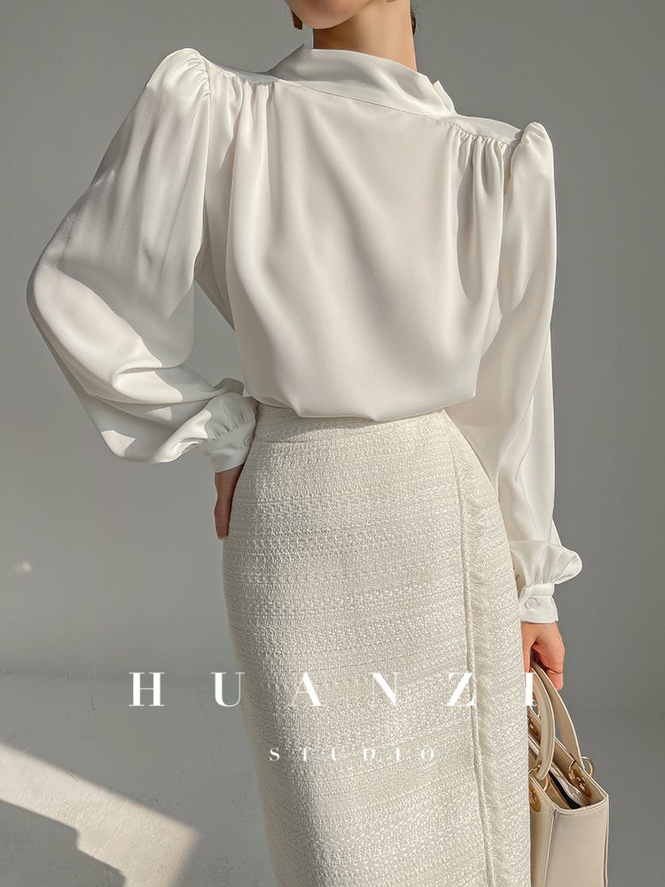 Huanzi new puff sleeves silk satin shirts top blouse - Oitr