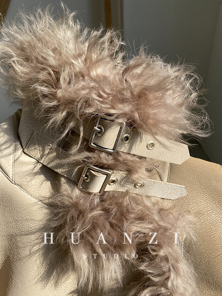 Huanzi custom craft winter fur one-piece wool lamb collar leather jacket - Sioed