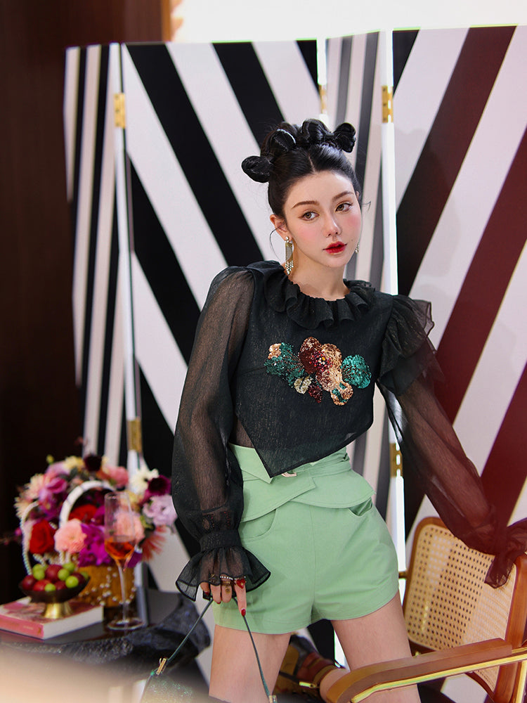 Hand-embroidered lotus leaf high-end design chiffon top & high waist wide-leg design shorts two piece suit set- Sinia