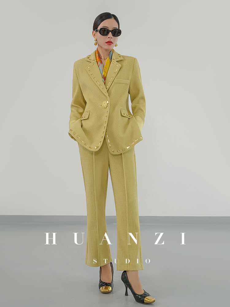 Huanzi new handmade micro-wide suit jacket with back slit straight-leg micro-launched trousers suit set- Emera