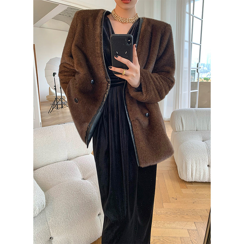 Brown WANXO French red pleated velvet dress new gold-like waist bottoming skirt- Winny