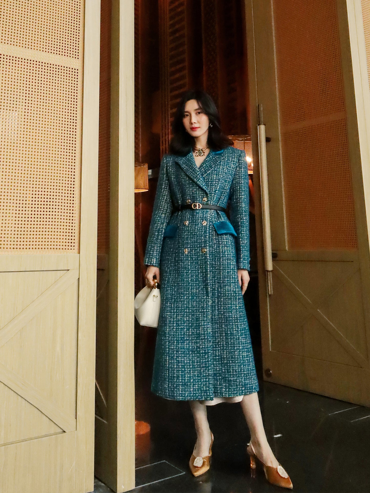 Lady's luxury high-end retro big peacock blue splicing bright silk design wool long coat- Jessy