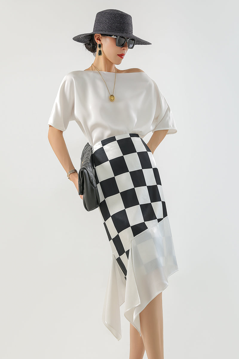 Huanzi custom triacetic acid silk checkerboard irregular black and white skirt - Rota