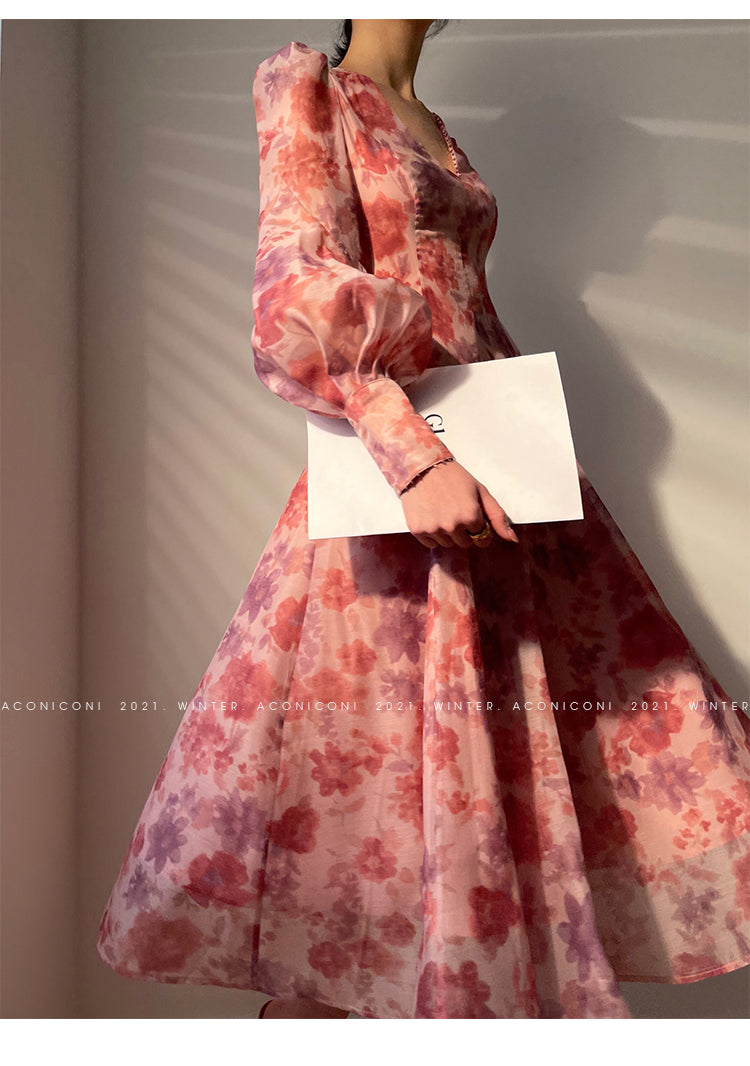 Aconiconi|Romantic French print luxury handmade haute couture beaded v-neck midi dress - Pilore