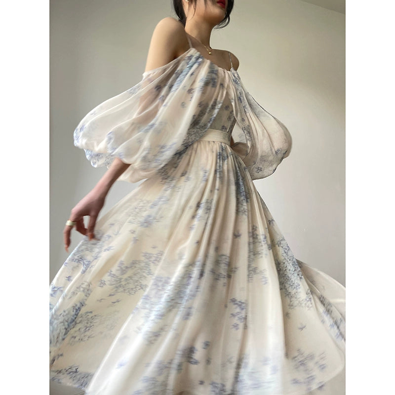 Aconiconi| Slip Off-the-Shoulder Top Skirt - Flower fairy
