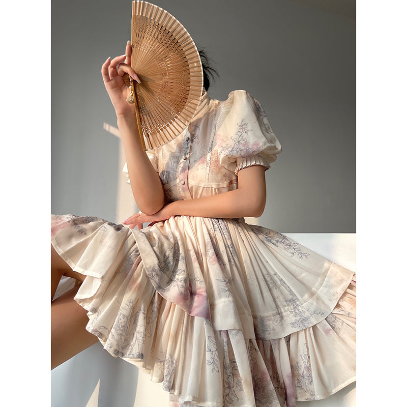 Aconiconi French puff short-sleeved shirt, tank layered printed skirt -  Kono's love letter