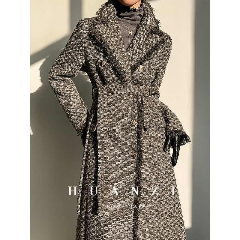 Wool Rough Flower Middle Gray Black High end Winter Jacket Coat- Teisd