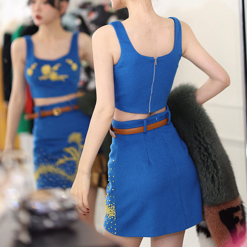 Blue autumn fall winter Wool hand-beaded yellow crystal stones top + skirt two-piece set