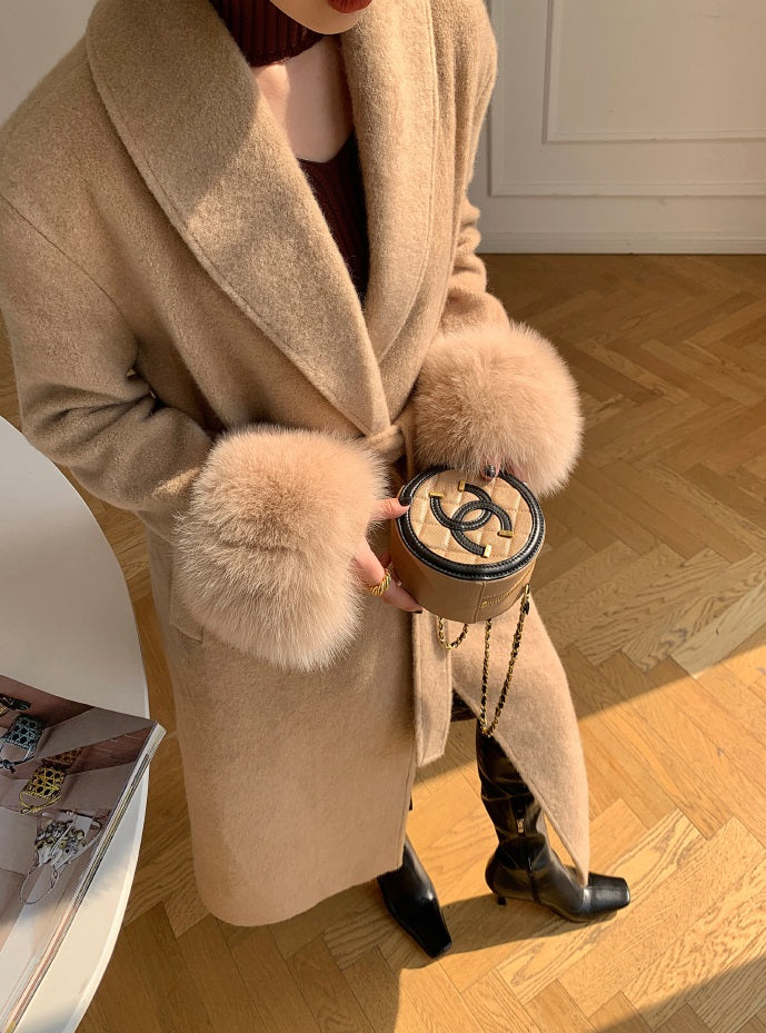 Beige WANXO vegann fur waist tie woolen coat new fashion medium and long woolen coat- Katy