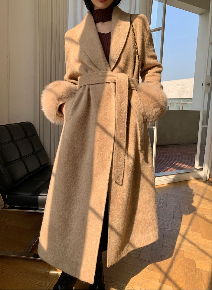 Beige WANXO vegann fur waist tie woolen coat new fashion medium and long woolen coat- Katy