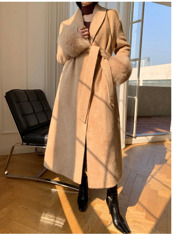 Beige WANXO vegann fur waist tie woolen coat new fashion medium and long woolen coat- Katy