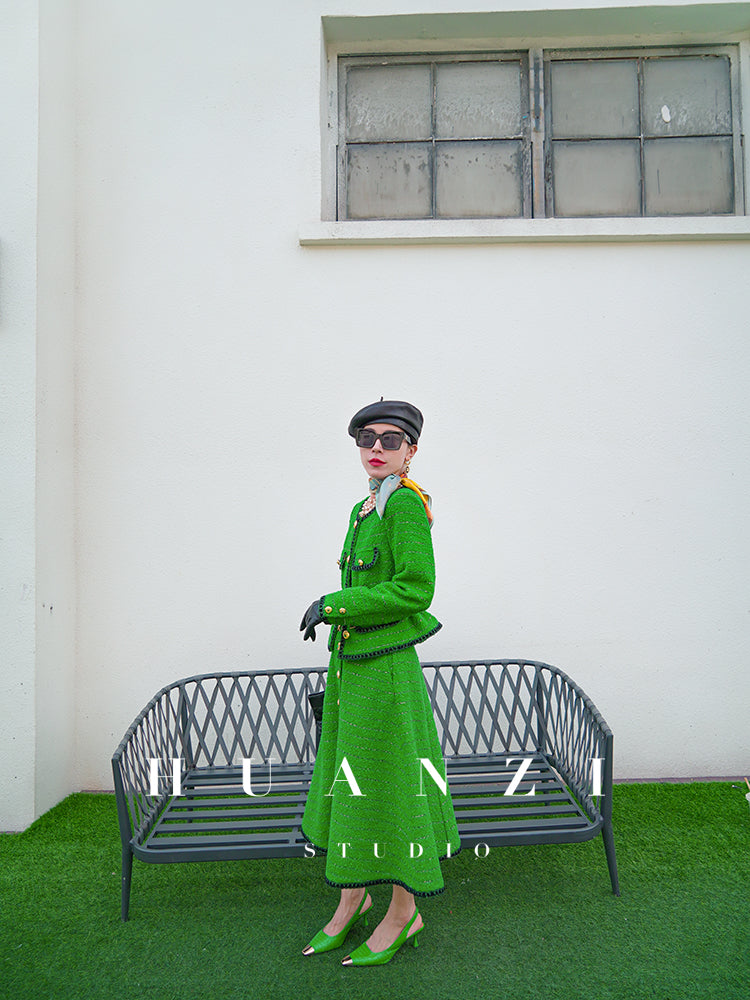 Huanzi tweed wool small suit autumn and winter new green short coat suit set- Lilibeth