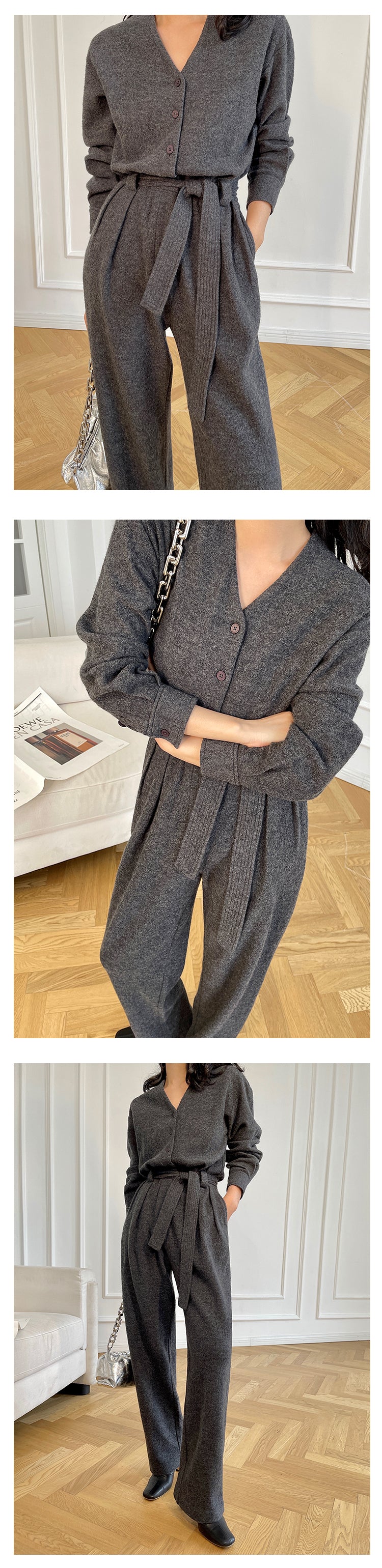 V-neck knitted wool drape wide-leg trouser jumpsuit - Mopai