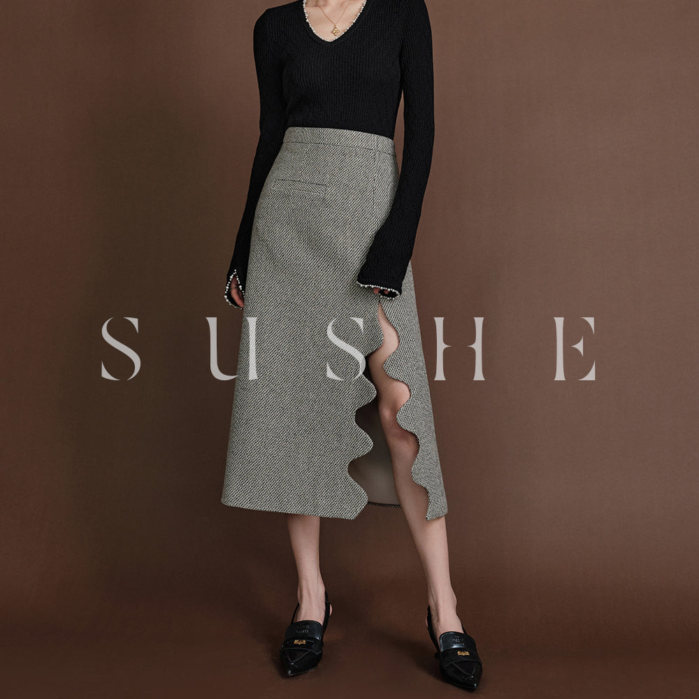 SUSHE Heavy Elegant Wave Slit Spring Skirt - monet vision