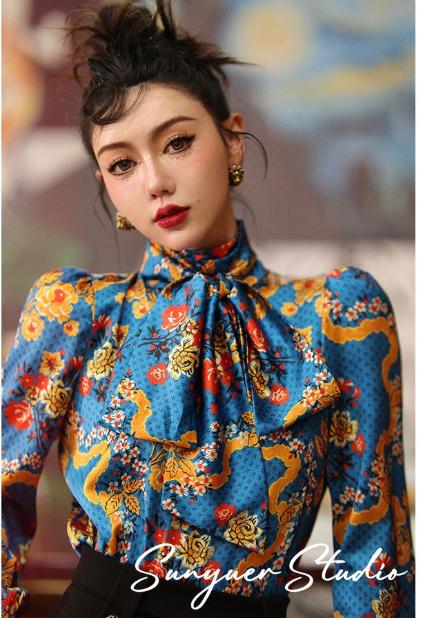 High waist velvet wide-leg shorts plus bow long sleeve top two piece set- Leticia