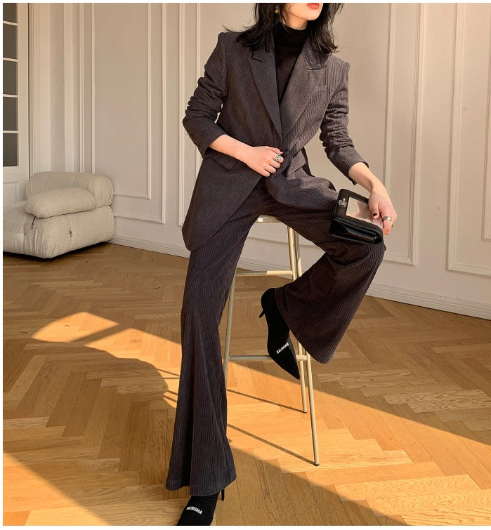 Gray WANXO retro corduroy two-piece suit new suit jacket high waist casual wide leg pants- Orfara