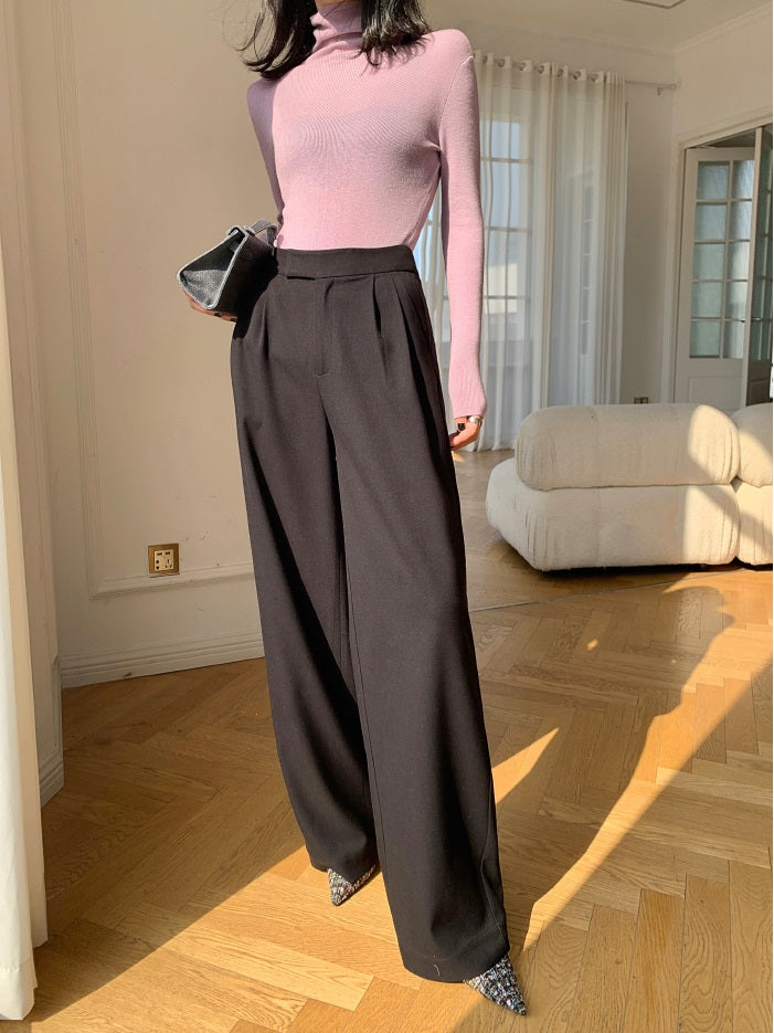 WANXO camel high waist drooping casual pants new straight loose wide leg pants- Tela