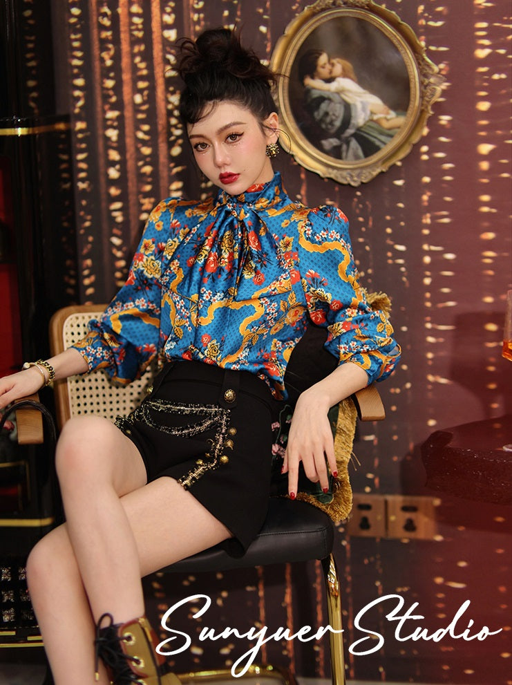 High waist velvet wide-leg shorts plus bow long sleeve top two piece set- Leticia