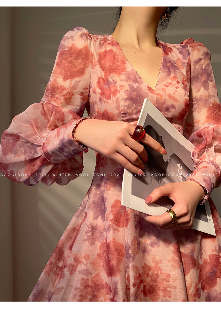 Aconiconi|Romantic French print luxury handmade haute couture beaded v-neck midi dress - Pilore