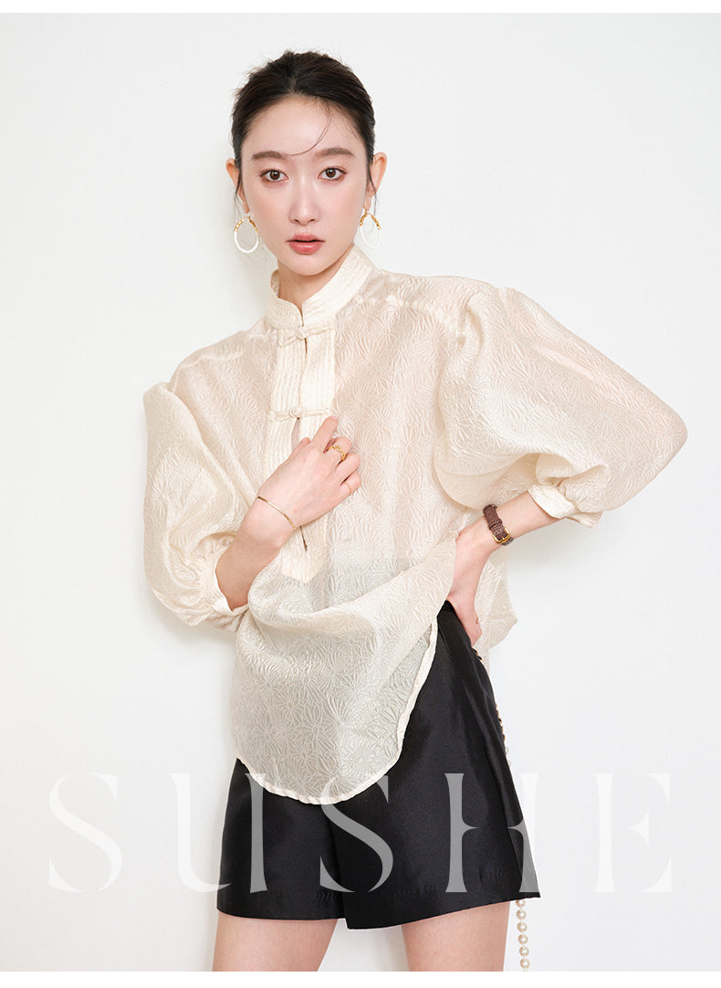 Sushe pattern embossed Chinese style buckle slim top shirt -iota