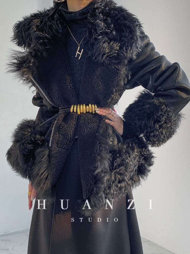 Huanzi custom craft winter fur one-piece wool lamb collar leather jacket - Sioed