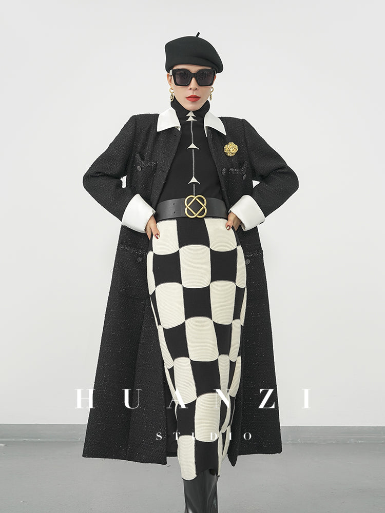 Huanzi classic black and white checkerboard high waist slim knitted fishtail skirt for women- Tiloa